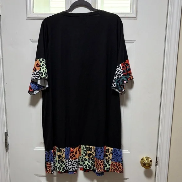 Colorful Leopard Print Ruffle-Sleeve Mini Dress - Black - Picture 6 of 7
